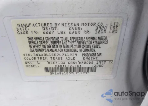 2007 Nissan Sentra 2.0 from USA, damaged, VIN 3N1AB61E07L711239